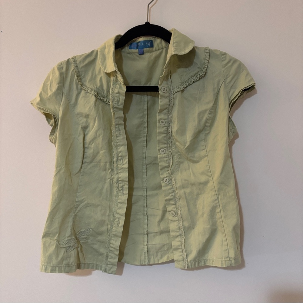 light sage short sleeve button-up top